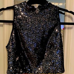 Black Sequined Highneck Crop Top